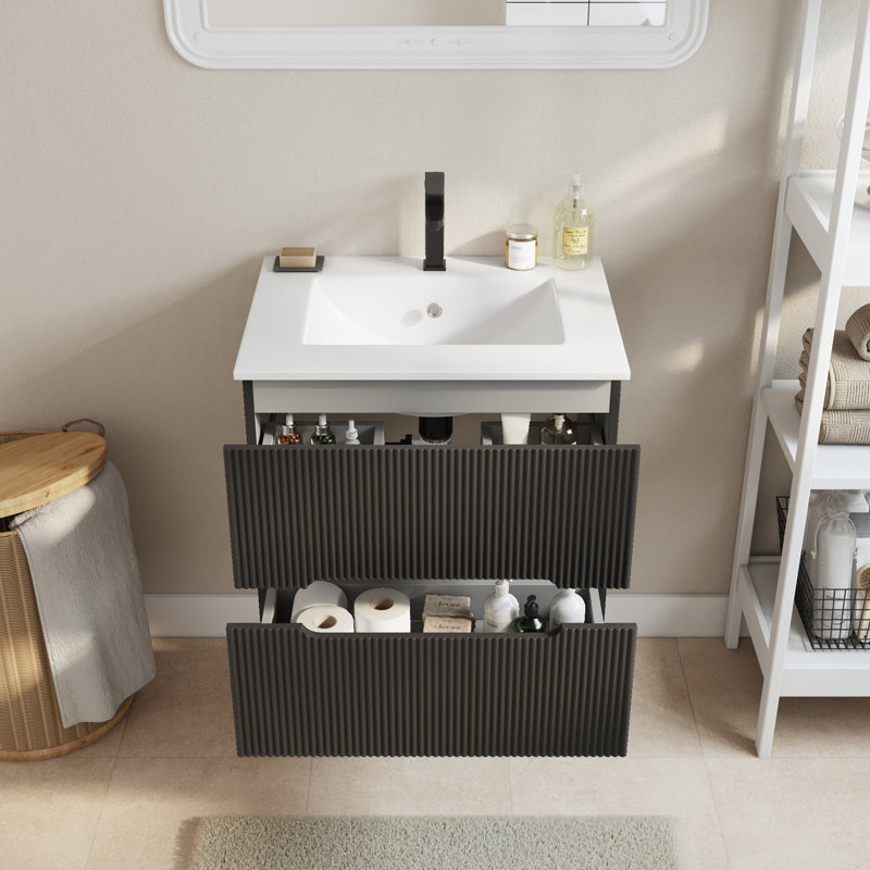  24" Wall Mounted Single Bathroom Vanity With Ceramic Sink Top And Faucet, Floating Cabinet With 2 Soft-Close Drawers, Black