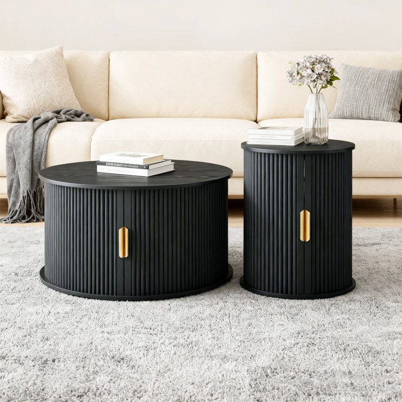 Ensemble de 2 tables basses rondes emboîtables, avec porte tambour ronde Mid-Century, Black