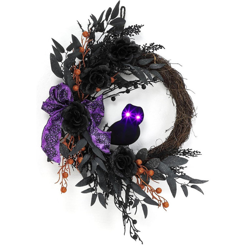 22 Inch Halloween Wreaths, Halloween Owl Wreath with Lighted Eyes, Prelit Black Halloween Wreath with Willow Leaves Ribbon for Front Door Wall Indoor Outdoor Home Decor