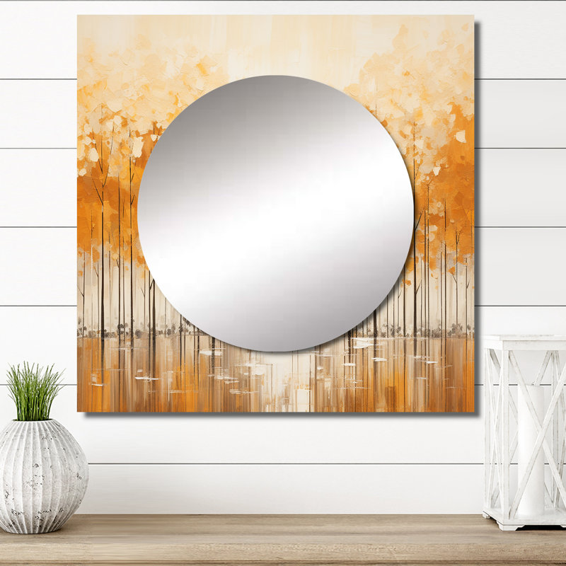 Aliveah - Minimalism Beige And Gold Forest III Forest Square Living Room Wall Mirror Art, 29" x 29"