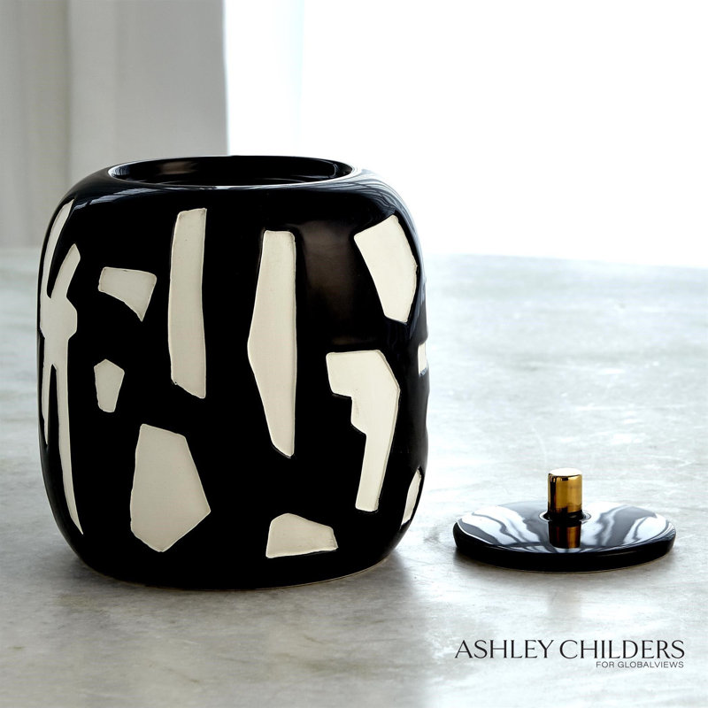 Abstract Jar-White/Black-Lg, Black, 7.25" H x 6.25" W X 6.25" D