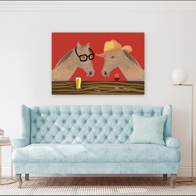 Funny Horses At Bar Contemporary Horse Wall Art Print by Sharyn Bursic - Wrapped Canvas Print