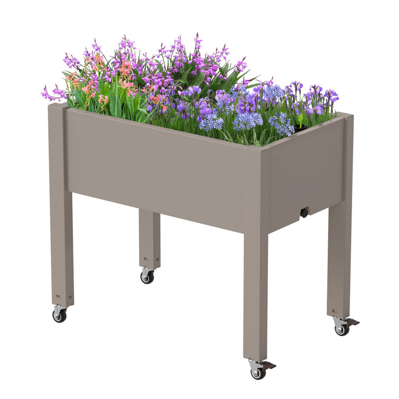 Raised Garden Bed - Outdoor Elevated Planter With Weatherproof Resin, Effective Drainage & 4 Swivel Wheels, Gray
