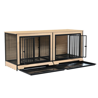 Wood Dog Cage With Two Compartments, Extra Large For 2 Big Dogs, Tray Cleaning, Individual Doors Medium Housing, Upgraded Metal And Boards