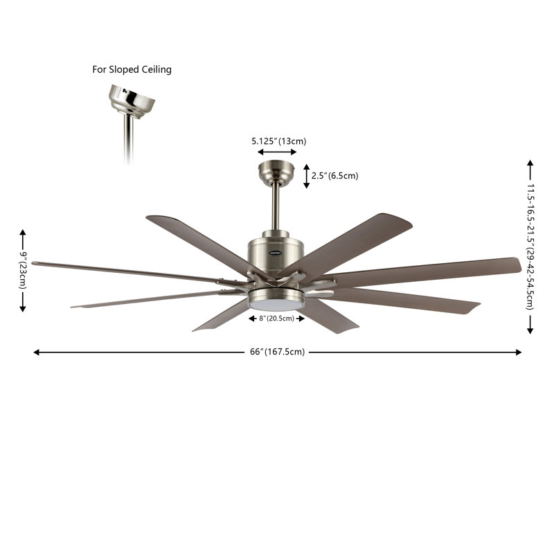 66'' Ceiling Fan with LED Lights, Nickel with Gray Wood Blades