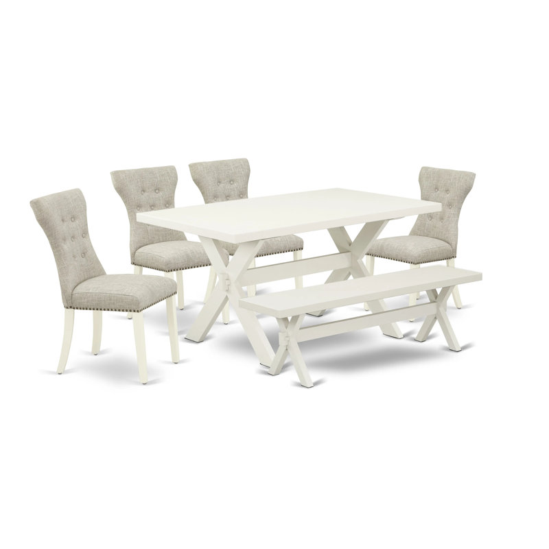 L'ensemble de table de salle à manger 6 pièces contient une table de cuisine rectangulaire avec des pieds en X et 4 chaises Parson en tissu de lin avec un banc, blanc lin