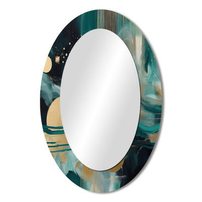 Vivid Emeral And Gold Contours Circles II - Modern Oval Wall Mirror