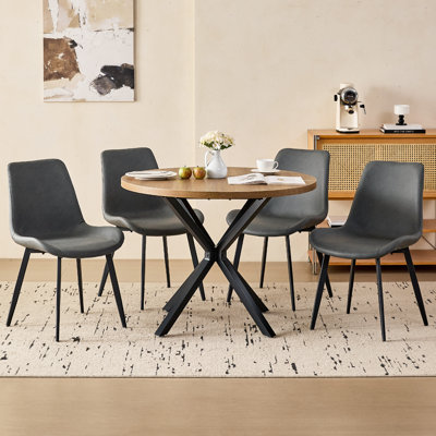 5-Piece Modern Round Dining Set, 39" Brown Wood Pattern Table with 4 Grey Faux Leather Chairs