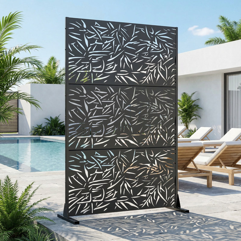 Metal Privacy Screen Fence Panel Bamboo Leave Pattern, 72" H x 47" W x 16" D, Black