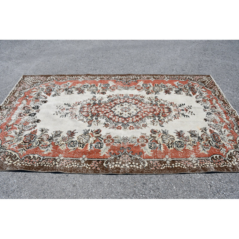 Tapis turc rétro Oushak à motif floral en laine pour le salon et les grands espaces brun / beige