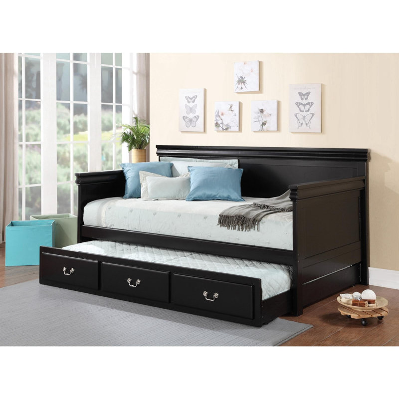 Elanah Upholstered Daybed with Trundle, Botton Tufted Design Bed, Black, Full / Double