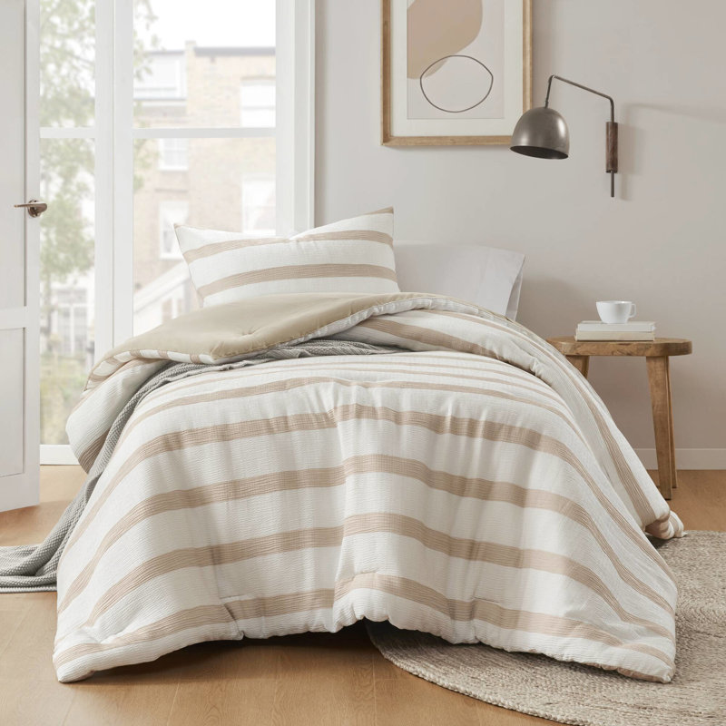 2 édredon simple / simple TG avec rayures, tons neutres, ambiance détendue, tout confort, microfibre, standard 100, peu d'entretien, taupe