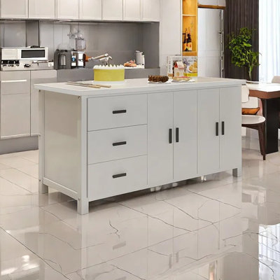 70.86'' White Kitchen Island with Marble Top, Solid Wood Base, and Storage Cabinets -  Artistic Soul XKX Premium Furniture, SHZ637IU