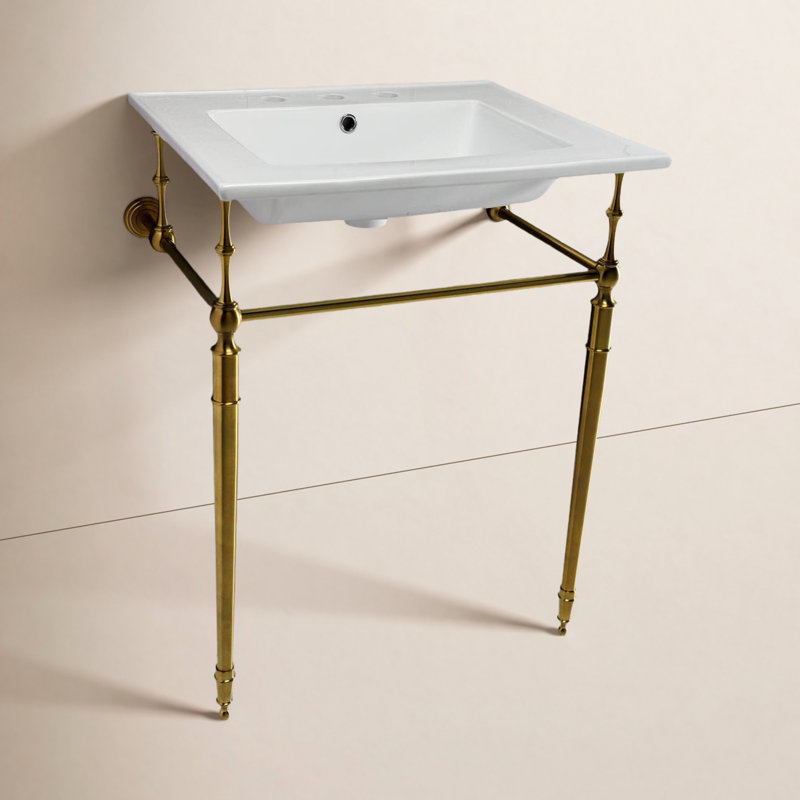 Kingston Brass Edwardian 25-Inch Ceramic Console Sink with Brass Legs (8-Inch, 3-Hole), White/Brushed Brass