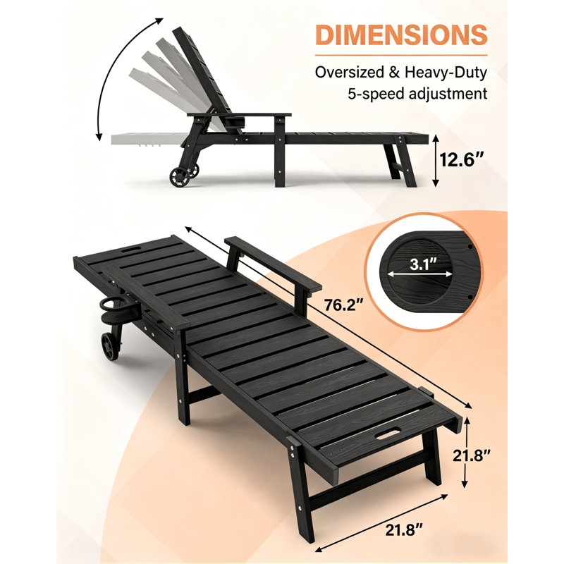 Outdoor Chaise Lounge Chair All Weather HIPS Patio Lounge Chair with 5-Level Adjustable Backrest Built-in Cup Holder and Rolling Wheels, Suitable for Outdoor, Patio, Party Scenes, Black
