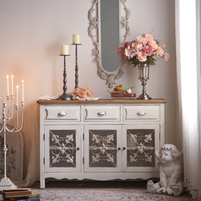 Brown+White Solid Wood+Iron+Glass Sideboard