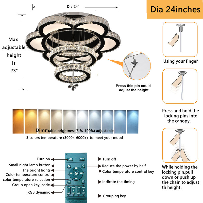 W24" Big Flower Modern LED Crystal Chandelier 3000-6000K Dimming Lighting Fixtures, 24" H x 24" W x 24" D