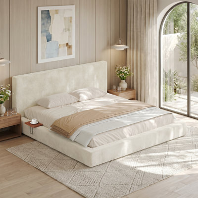 87.8" King-Size Bed with Compression Cloud Upholstered Sponge Cushion and 2 Movable Sliding Side Tables, Off-White
