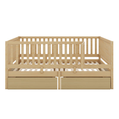 Wood Daybed With Fence Guardrails,Drawers And Split Into Independent Floor Bed