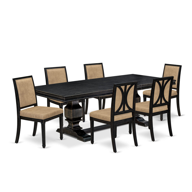 Ensemble de table de salle à manger moderne 7 pièces composé d'une table de cuisine et de 6 chaises de salle à manger en cuir de polyuréthane beige avec dossier haut - fini noir sablé