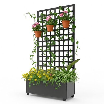 72" x 35" Raised Metal Garden Bed with Trellis and Wheels – Mobile Planter Box with Drainage Holes for Patio, Balcony, or Yard, Black