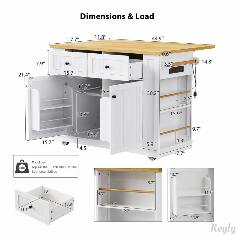 Chariot de rangement roulant pour cuisine avec abattant, prise de courant et 5 supports latéraux ouverts, Blanc