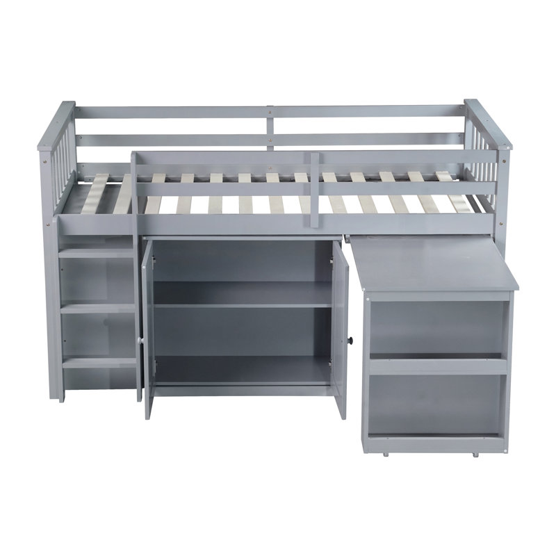 Lit mezzanine simple en bois d'hévéa avec armoire de rangement, tiroirs et bureau coulissant, gris