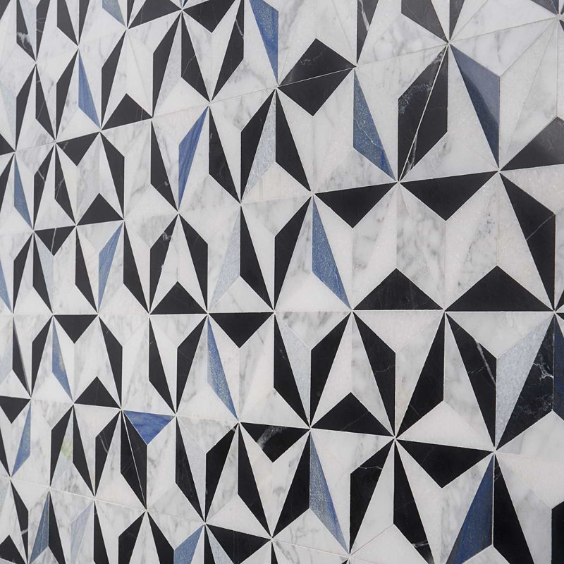 Phantasm 14x18 Triangles Polished Mixed Marble Mosaic Tile, Winter Sky Blue/White