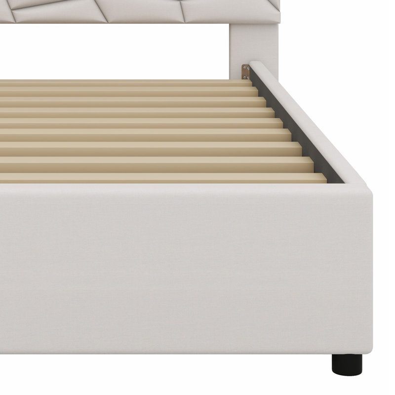 Lit plateforme tapissier avec lit gigogne et tiroirs, Beige