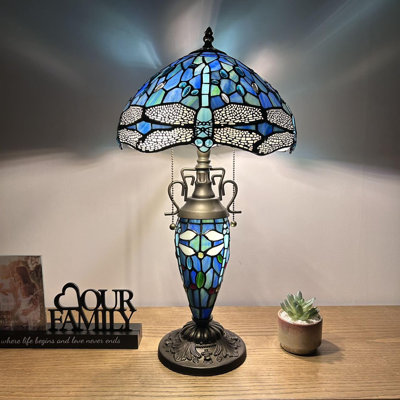 Haruko Tiffany Table Lamp Blue Stained Glass Shade And Base Dragonfly LED Bulbs Included 16'W*16"D*24"H