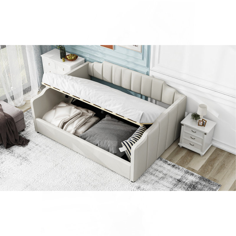 Lit de jour rembourré avec rangement inférieur, Beige, Complet/Double