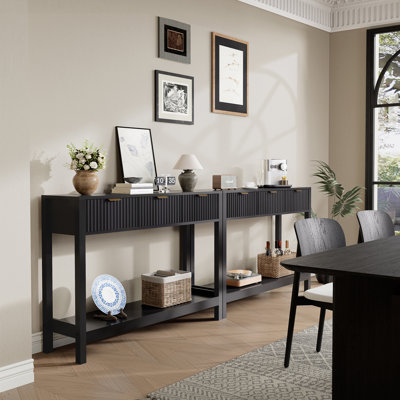 2-Tier Modern Console Table With With 3 Drawers, Set of 2 Black Wood Entryway Table Set For Living Room