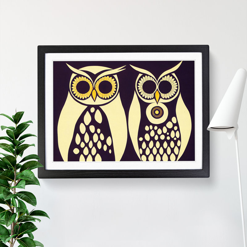 Retro Owls - Single Picture Frame Painting, Black Framed, 46cm H x 64cm W x 2cm D
