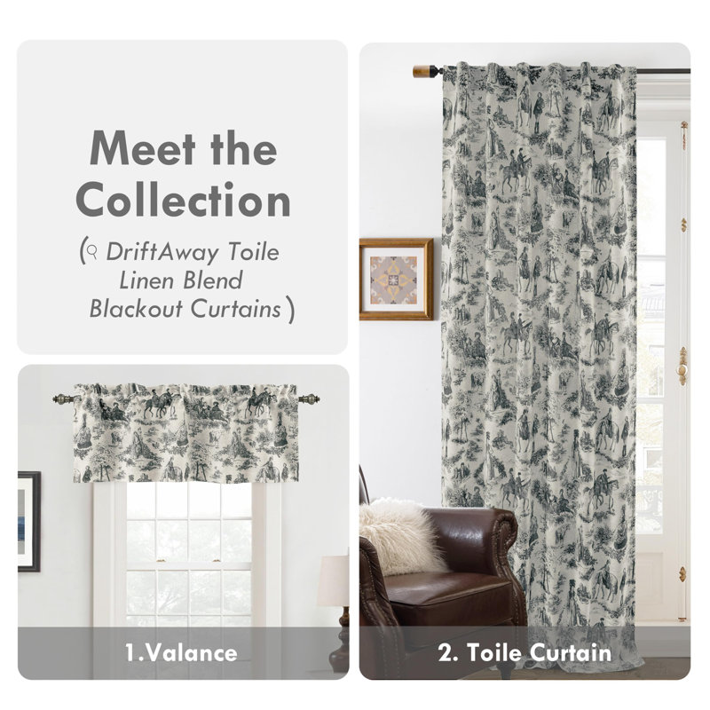 Toile Linen Lined Valance Double Layer Thermal Room Darkening Blackout Window Valance Curtain for Kitchen Bathroom Farmhouse French Country Vintage Printed Pattern Single