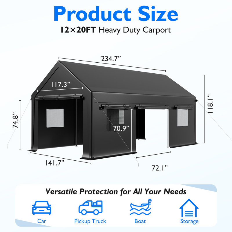12 ft. W x 20 ft. D Heavy-Duty Carport Canopy , Portable Garage for Pickup, Black, Black, 12 ft. W x 20 ft. D