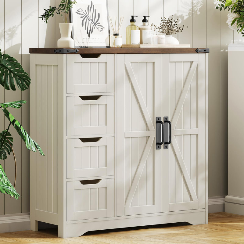 Farmhouse Bathroom Cabinet with 4 Drawers, White/Brown