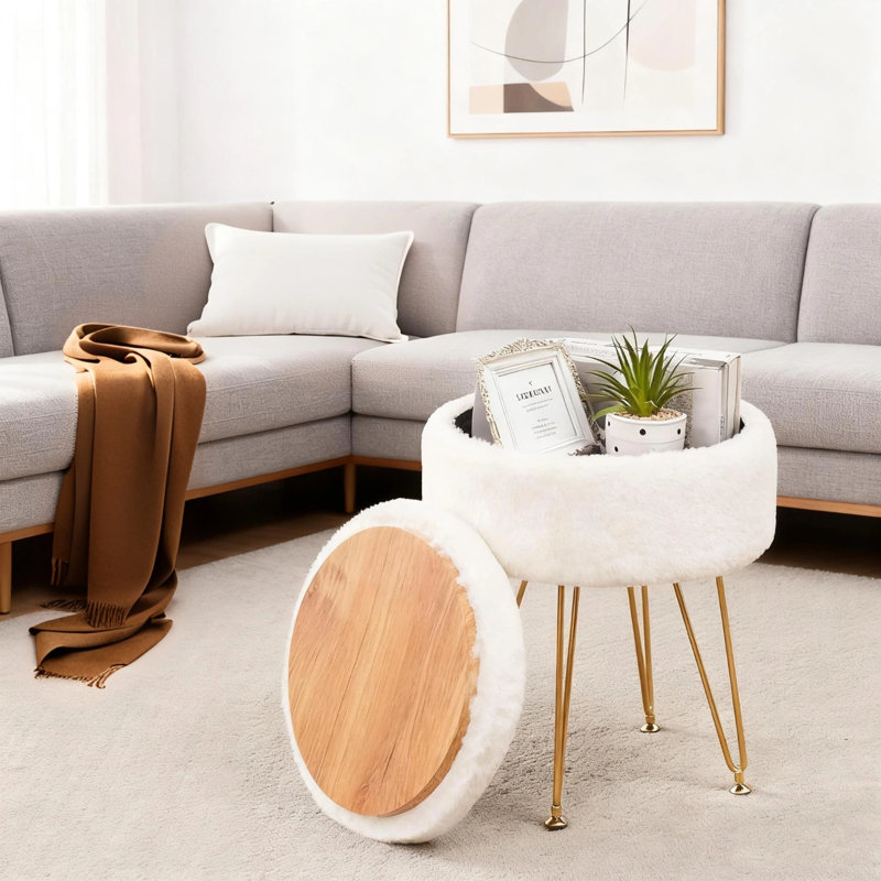 Vanity Storage Accent Stool with Metal legs, White