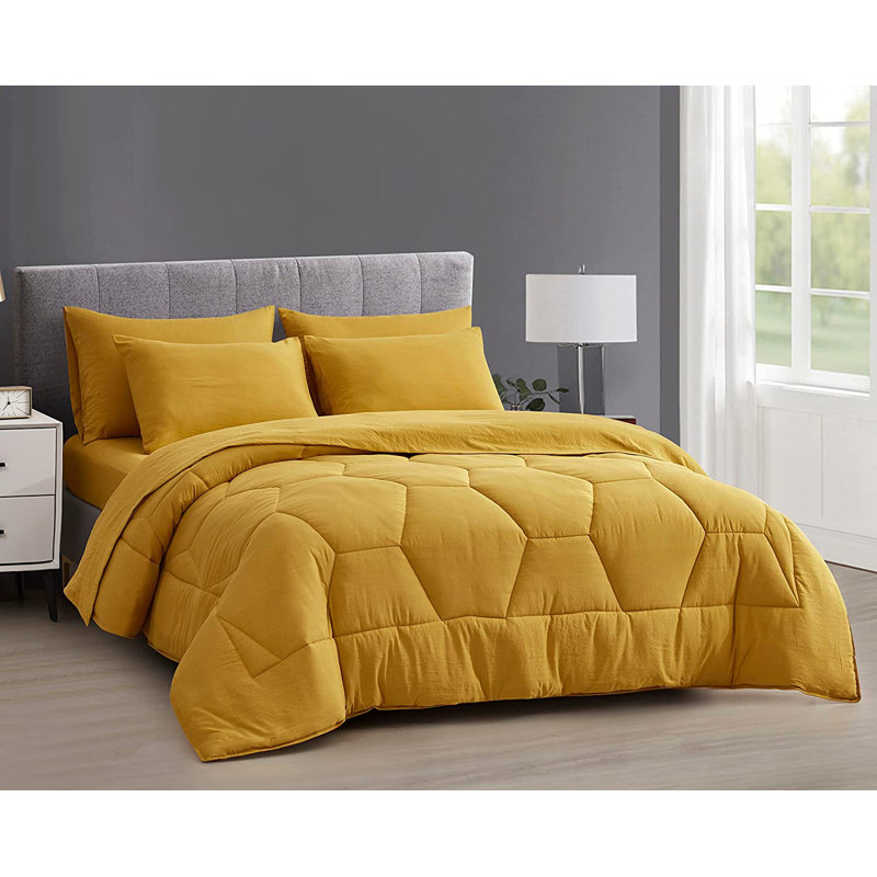 Washed Microfiber 7-Pieces Honeycomb Comforter Set with Sheets, Queen Comforter + 6 Additional Pieces, Mustard Yellow