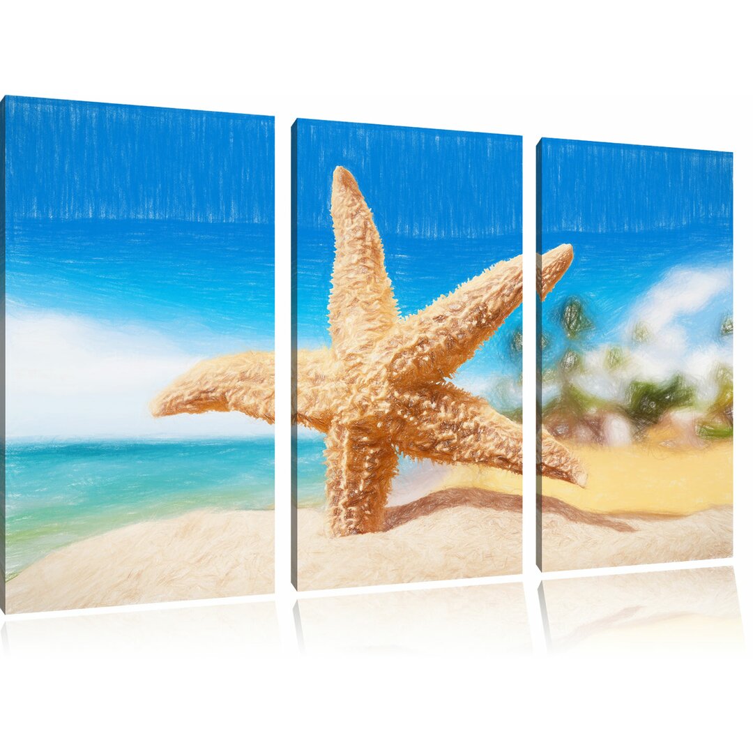 3-tlg. Leinwandbilder-Set „Seestern am Sandstrand von Palm Beach“, Grafikdruck