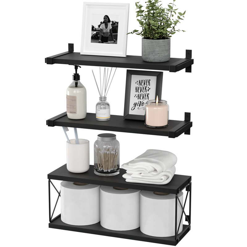3 Piece Pine Floating Shelf, Black