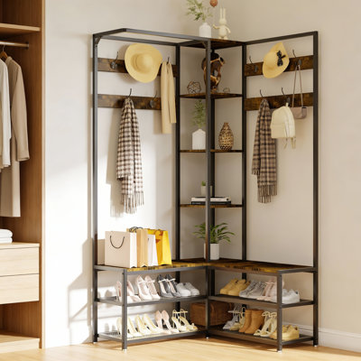 Industrial Corner Coat Rack Bench Shoe Storage Entryway Hall Tree With 10 Hooks
