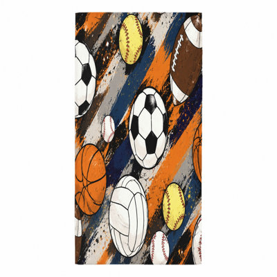 Serviette de plage 1Pcs Sports Balls, avec soccer, basketball, football, volleyball et baseball avec un fond grunge à coups de pinceau en orange, bleu, gris. Grande microfibre pour la natation, le voyage, unisexe.