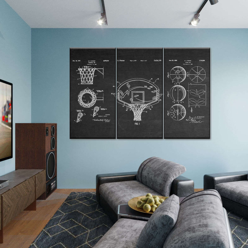 Ensemble de 3 pièces de basketball sur toile, H 42 po x l 65 po x P 1,25 po