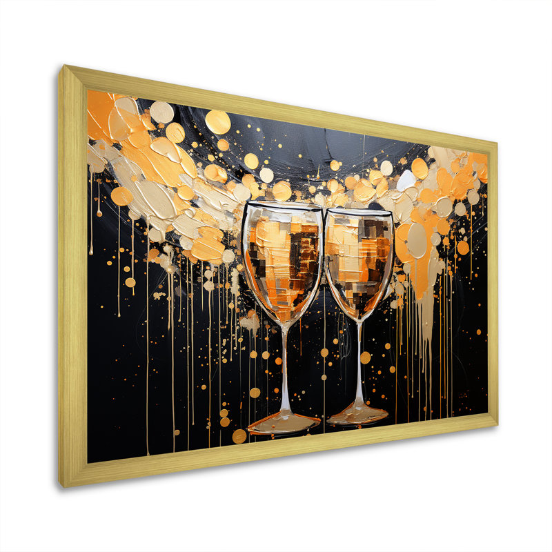 Essence de champagne dorée et noire - Champagne, art mural, Cadre doré à coins fermés, H 24 po x l 32 po x P 1 po