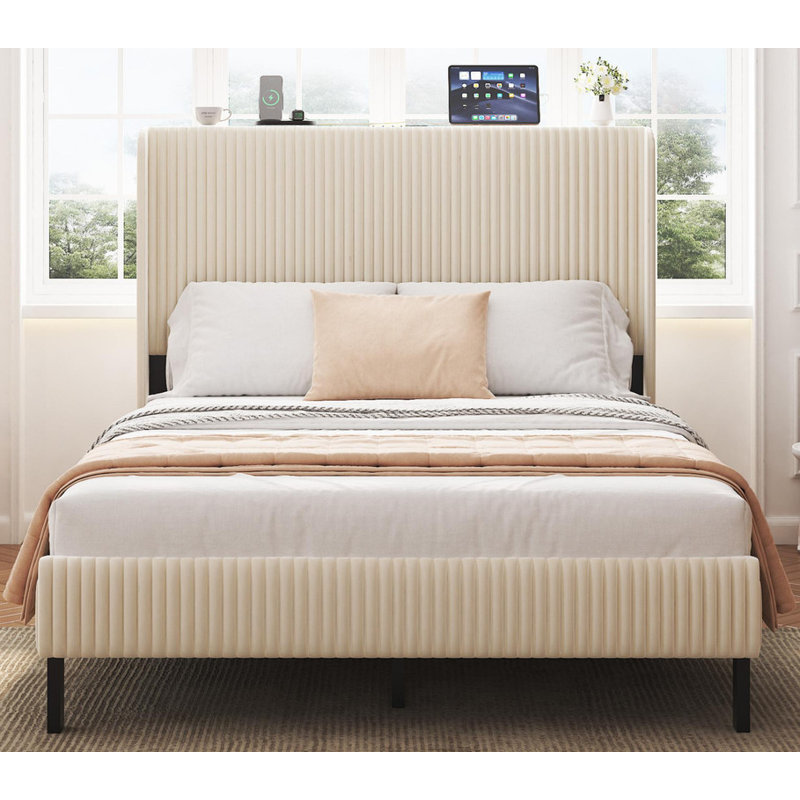 Lit plateforme double, base de lit en métal avec station de charge, assemblage facile, Lit double