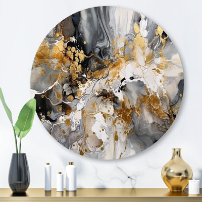 Grey Gold Delicate Abstract Brushstrokes IV - Abstract Marble Round Wall Art on Metal