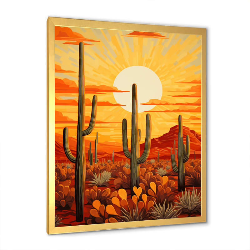 Cactus Sunset Shadows - Cactus, impressions sur toile, Cadre doré simple, H 40 po x l 30 po x P 1,5 po