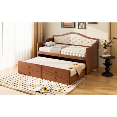 Lit de jour simple avec lit gigogne et tiroirs de rangement, bouton capitonné, finition noyer pour les chambres élégantes, lit 2 unités, mise à niveau de la configuration de la chambre à coucher