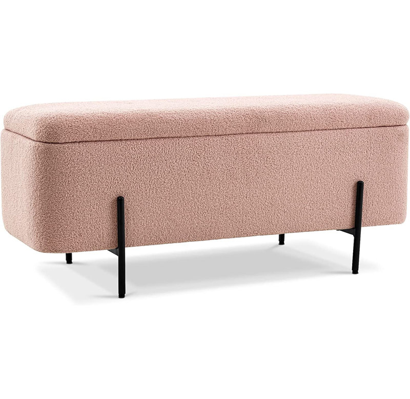 Jezell Upholstered Flip top Storage Bench, Teddy Fabric Upholstered Footstool, Bed End Bench, Pink