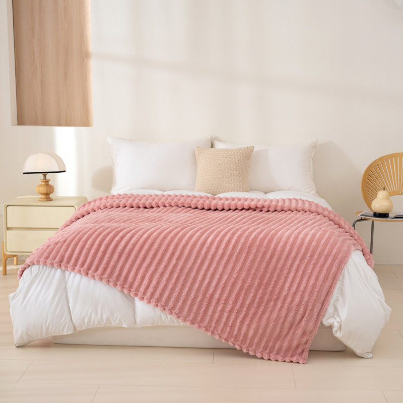Striped Plush Lightweight Throw Blanket, Ultra Soft & Cozy for Sofa Couch Bed, Machine Washable, Pink, 150cm x 200cm